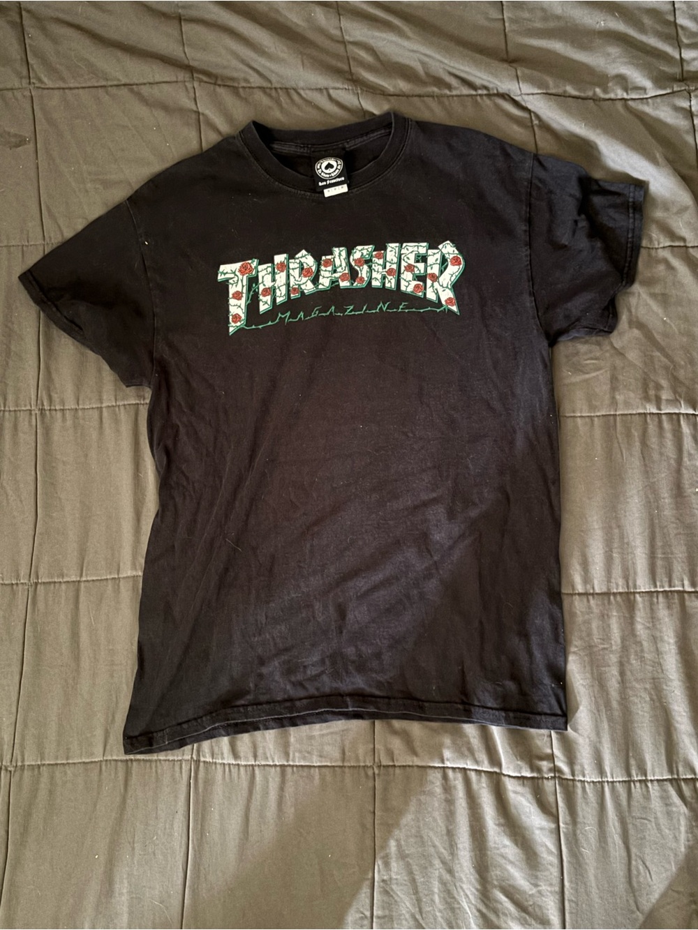 Thrasher Black Tee with Rose-Patterned Logo